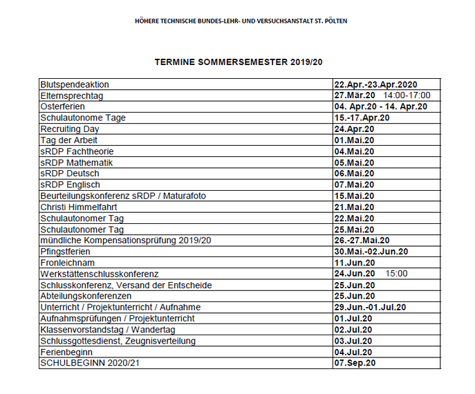 Terminplan SS 2019/20
